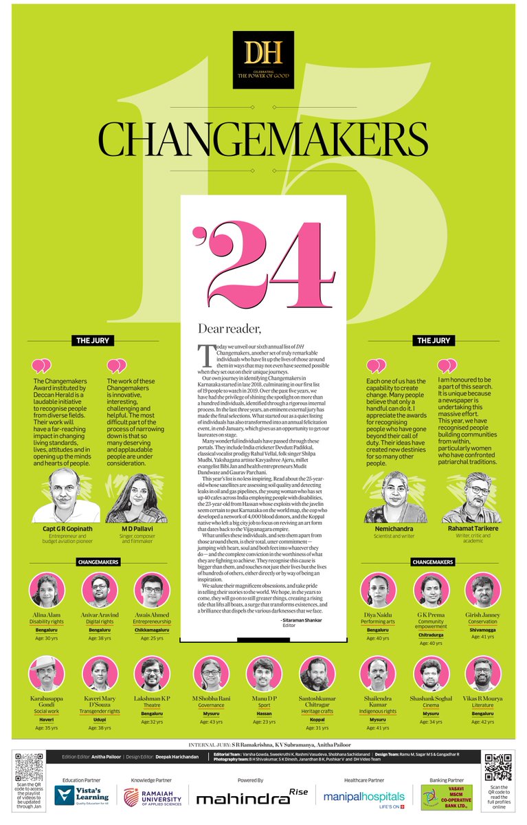 At the dawn of the New Year, Deccan Herald is honoured to present 15 individuals who have left an indelible mark on society, as a part of the sixth edition of #DHChangemakers.

Check out our special coverage on #DHChangemakers2024: shorturl.at/aJZ34
