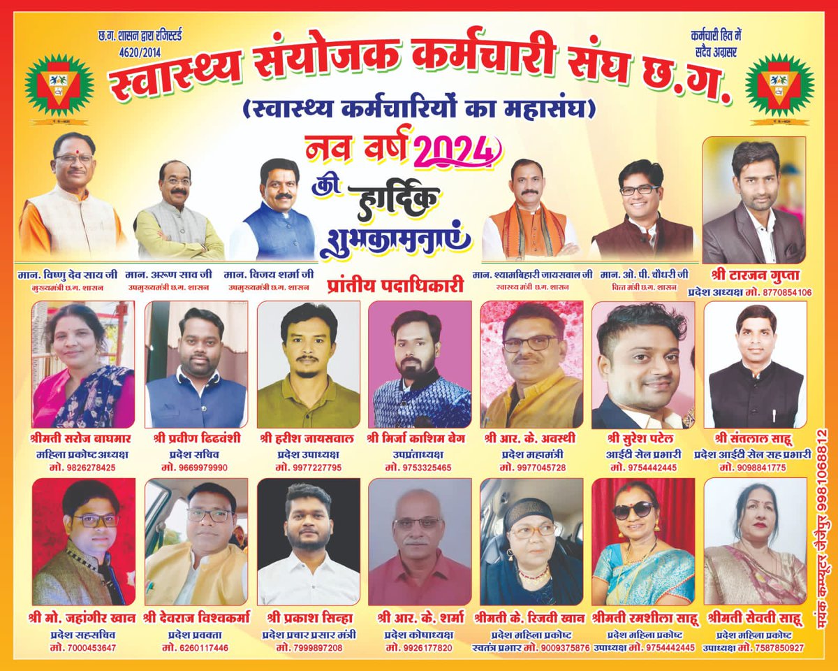 Suresh Patel (@sureshp05249600) on Twitter photo स्वास्थ्य विभाग के नियमित कर्मचारियों का सबसे बड़ा संगठन स्वास्थ्य संयोजक कर्मचारी संघ की ओर से माननीय मुख्यमंत्री श्री <a href="/vishnudsai/">Vishnu Deo Sai</a> जी , उपमुख्यमंत्र एवम् स्वास्थ्य मंत्री श्री <a href="/ShyamBihariBjp/">ShyamBihari Jaiswal</a> प्रदेश के युवा वित्त मंत्री श्री<a href="/OPChoudhary_Ind/">OP Choudhary</a> जी को नववर्ष की ढेर सारी बधाई । स्वास्थ्य विभाग के नियमित कर्मचारियों का सबसे बड़ा संगठन स्वास्थ्य संयोजक कर्मचारी संघ की ओर से माननीय मुख्यमंत्री श्री <a href="/vishnudsai/">Vishnu Deo Sai</a> जी , उपमुख्यमंत्र एवम् स्वास्थ्य मंत्री श्री <a href="/ShyamBihariBjp/">ShyamBihari Jaiswal</a> प्रदेश के युवा वित्त मंत्री श्री<a href="/OPChoudhary_Ind/">OP Choudhary</a> जी को नववर्ष की ढेर सारी बधाई ।