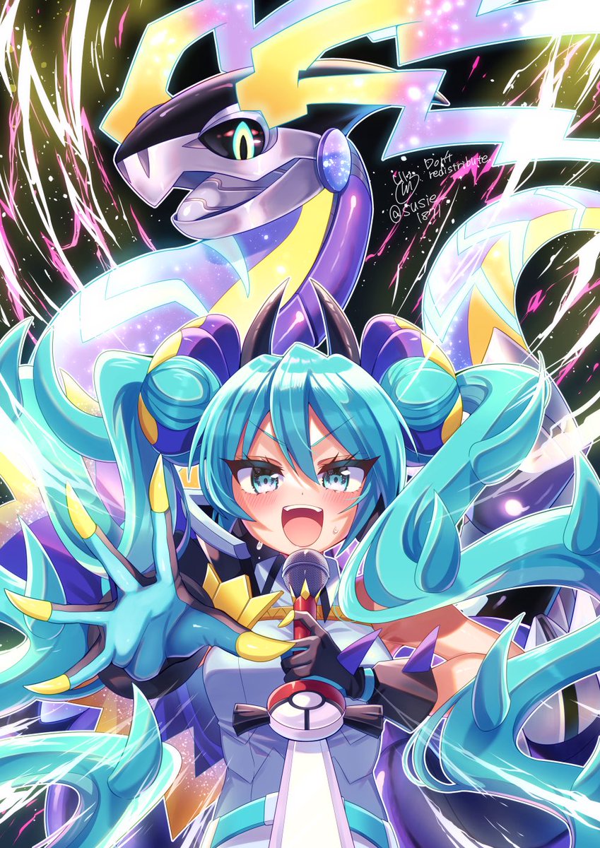 hatsune miku 1girl pokemon (creature) holding gloves twintails long hair open mouth  illustration images