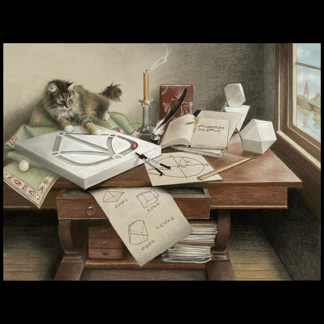 Our pastel, “Euler’s Cat,” is in the #JMM2024
<a href="/JointMath/">Joint Mathematics Meetings</a> Art Exhibition in San Francisco. Looking forward to the conference! #eulersidentity #math #maths #art #mathart #cats #mathcats #euler #eulersidentity #polyhedra
