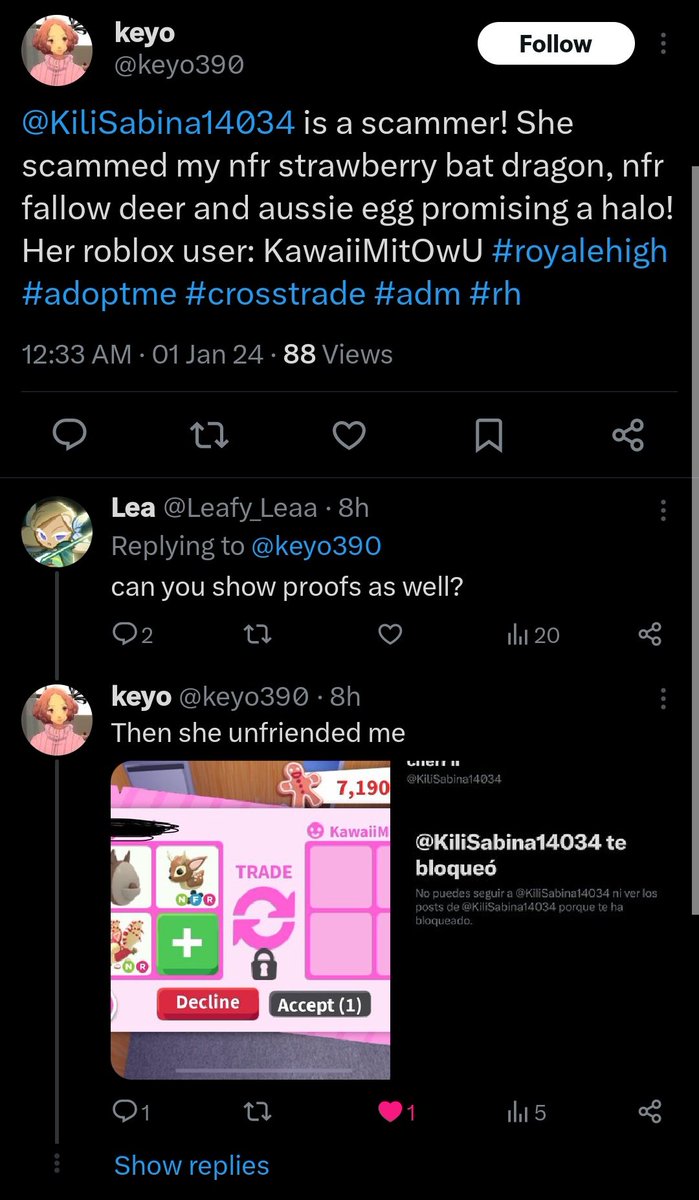 Leafy_Leaa's tweet photo. Twitter user ; @KiliSabina14034 
Roblox Username : KawaiiMintOwU

https://t.co/e63lSwLA84

#scam #scammer #robloxscammer #royalehighscammer 
#adoptmescammer #roblox https://t.co/gFc0JbxWpz