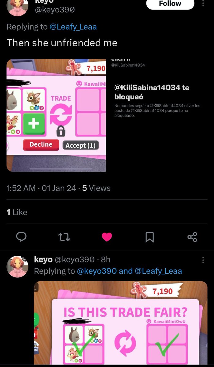 Leafy_Leaa's tweet photo. Twitter user ; @KiliSabina14034 
Roblox Username : KawaiiMintOwU

https://t.co/e63lSwLA84

#scam #scammer #robloxscammer #royalehighscammer 
#adoptmescammer #roblox https://t.co/gFc0JbxWpz