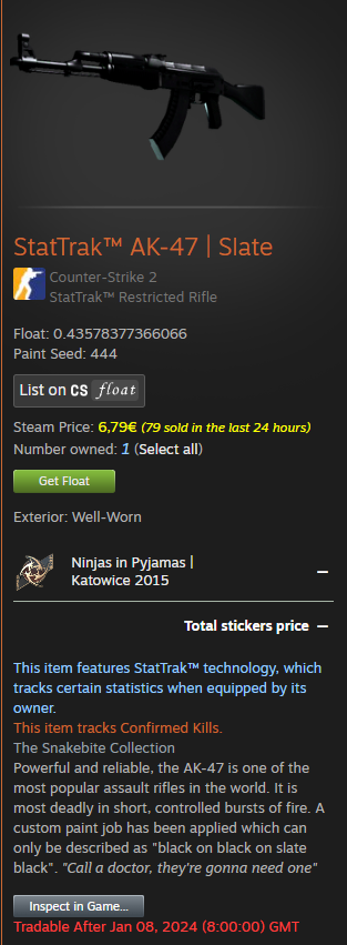 👀Since I've just received a knife I'll be giving away this StatTrak AK-47 Slate with a NIP 2015 katowice on it

Rolling January 8th 🔴  
Requirements:
Just follow me and like the tweet, Good luck!