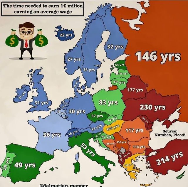 Maps_oddities's tweet image. الوقت اللازم لكسب مليون يورو من متوسط ​​الأجر