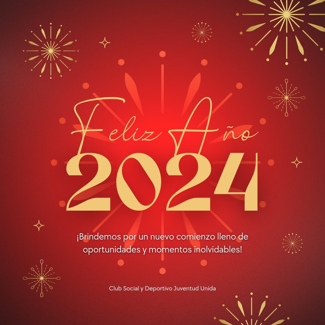 CSDJUoficial's tweet photo. El Club Social y Deportivo Juventud Unida les desea un próspero año nuevo a todo el Pueblo Rojo.
Que en este 2024, caminemos juntos celebrando los éxitos tanto deportivos como institucionales.

¡Salud, pueblo rojo! 🥂🎇🚩 https://t.co/hXDg2yJlKm