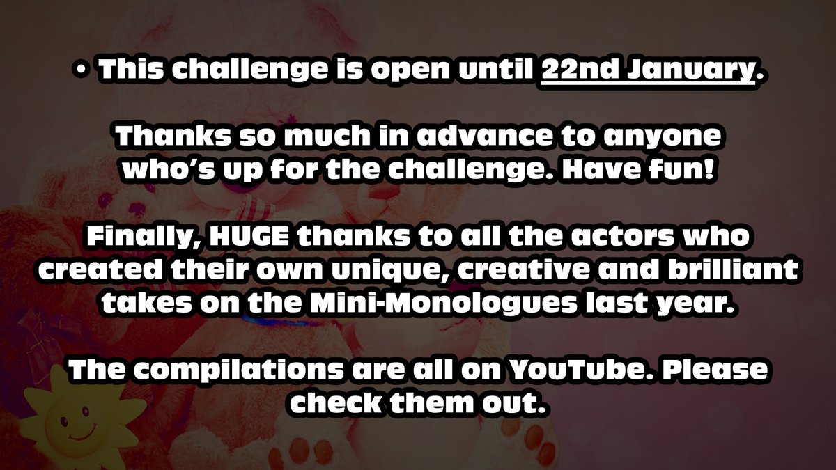 🎭 Mini-Monologue #6 🎭

🎉 Well hello, 2024! May as well hit the ground running, eh?

Actor pals, as ever, this is just for fun and open to anyone. If you've got some spare time to get creative or just want something short &amp; sweet for practice.  

⬇️ All details in the slides ⬇️
