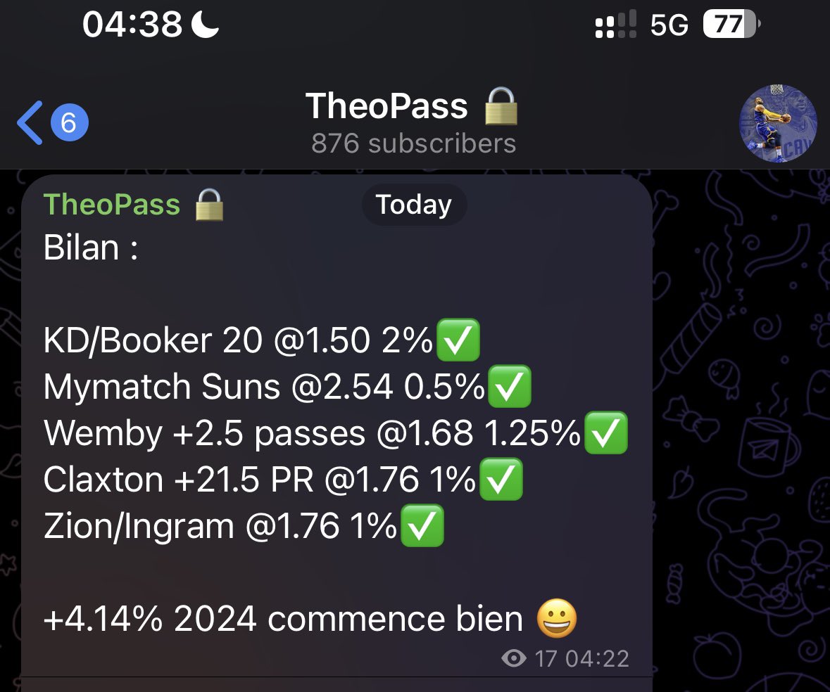 theo69prono's tweet photo. Bilan #NBA cette nuit

Public⬇️
Wemby +2.5 passes @1.68 ✅
KD/Booker 20 @1.50 ✅

@Theo69Pass ⬇️
5/5✅ +4.14%📈

PERFECTTTT ICI ET DANS LE PASS 🔥 
On commence bien 2024 je crois, go tout casser cette année

Qui à suivi ????
Balancez vos tickets en com ⬇️

♻️❤️ si t’as encaissé https://t.co/6FTkYFgC2U