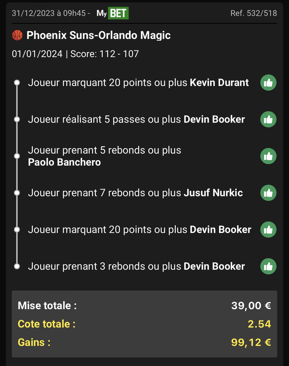 theo69prono's tweet photo. Bilan #NBA cette nuit

Public⬇️
Wemby +2.5 passes @1.68 ✅
KD/Booker 20 @1.50 ✅

@Theo69Pass ⬇️
5/5✅ +4.14%📈

PERFECTTTT ICI ET DANS LE PASS 🔥 
On commence bien 2024 je crois, go tout casser cette année

Qui à suivi ????
Balancez vos tickets en com ⬇️

♻️❤️ si t’as encaissé https://t.co/6FTkYFgC2U