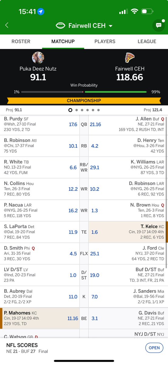 Jayson161's tweet photo. @SI_Fantasy @Michael_Fabiano Kyren Williams was my GOAT all season 🔥 https://t.co/zMHTvIYGTn