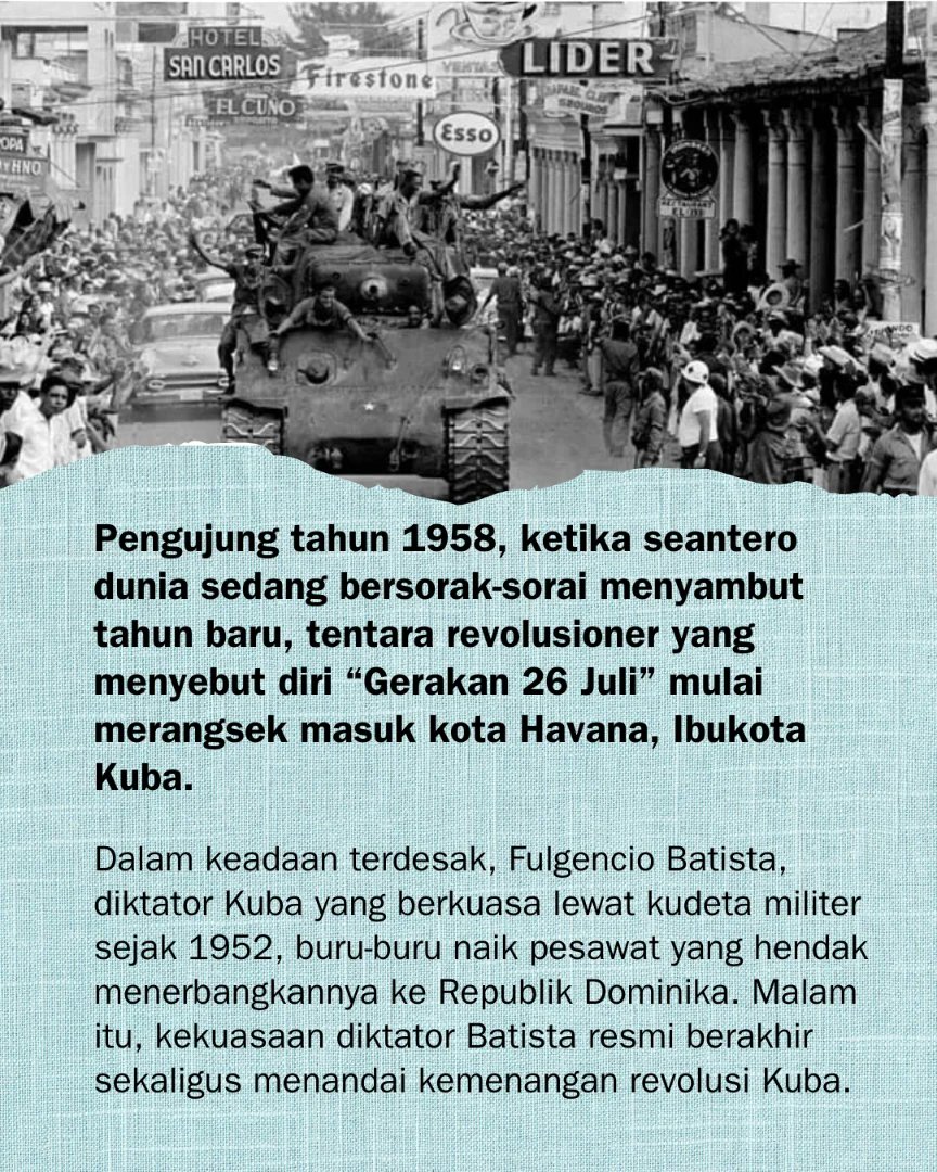 merdika_id's tweet photo. Saat fajar 1 Januari 1959, revolusi Kuba sudah menang. Rezim Batista sudah melarikan diri ke Republik Dominika.
Baca kisahnya, geser slide ya.
#kuba #cubarevolution #revolusikuba #fidelcastro #cheguevera #tahunbaru #newyear #happynewyear https://t.co/PrjlRzuAbd