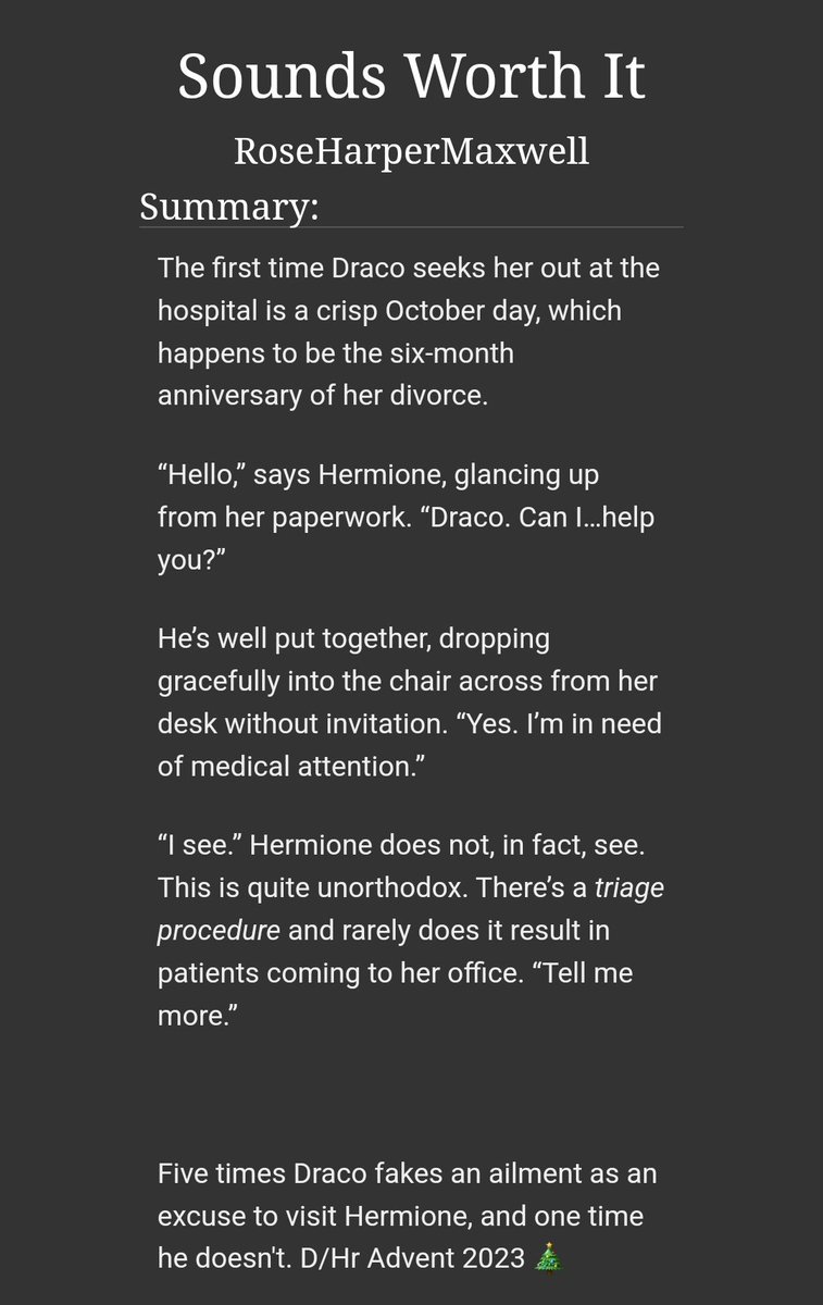 RoseHarperMaxwl's tweet photo. Happy New Year's Eve!

I wasn't terribly productive this year, but I did write one NYE-related fic.

Wishing you all happy writing and reading in 2024 🎉

Sounds Worth It (Dramione) - T, 5k
https://t.co/33CNIMSs7R https://t.co/JaRNiWuS4r