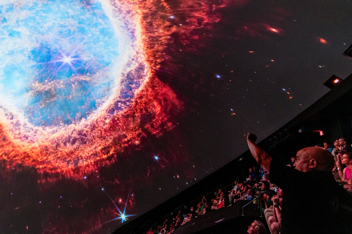 ADavidWeigel's tweet photo. Speaking of JWST, I was honored to celebrate the JWST First Year of Science with Chief Engineer @JonArenberg in the @rocketcenterusa INTUITIVE Planetarium. We dome-ified Jon’s presentation for packed audiences and wow does that JWST imagery look amazing on a 67 ft, 8k dome! 2/ https://t.co/sl1ziAIkGg