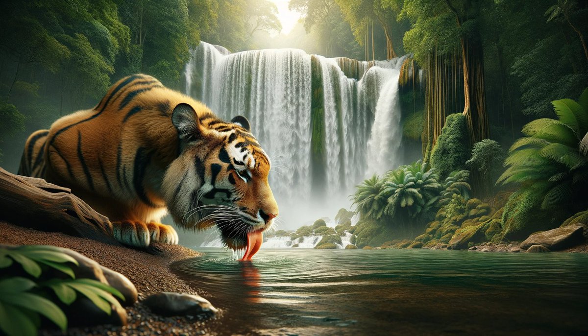 Neal8900's tweet photo. 🌞🌿🐅💦   Good Morning   💦🐅🌿🌞

Be sure to drink some water!

#AIArtwork #Tiger #Waterfall #Jungle #StayHydrated #GoodMorning https://t.co/IVlISIlcuS