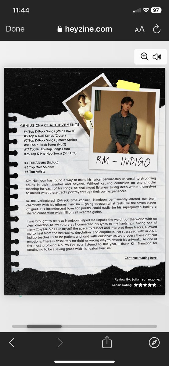 Kudos, #Indigo by #RM 
#3 Top Albums (Indigo)
#3 Top Soloist
#6 Top Artist

#3 Top K-R&B Songs (Closer)
#4 Top K~Rock Song ( Wildflower)
#7 Top K-Rock Song (Smoke Sprite)
#17 Top K-Hiphop Songs (Yun)
#18 Top K-Rock Songs (No. 2)
#23 Top K-Hip Hop Songs (Still Life)