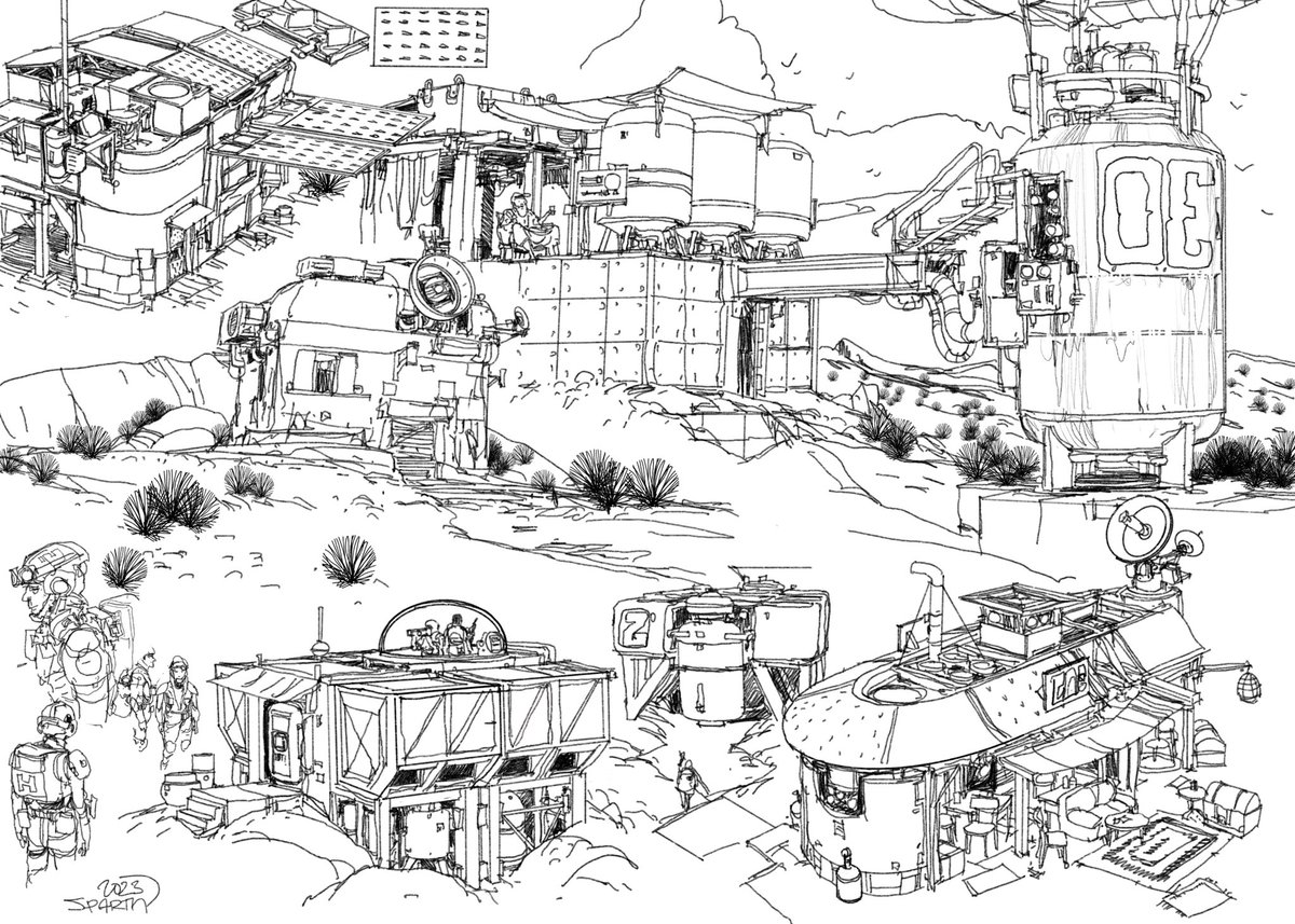 Welcoming the end of an extremely busy year, with not enough personal sketches nonetheless. So here's some line work with funny outpost designs. Happy new year 2024. 