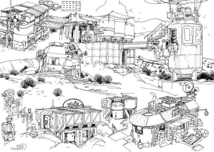 Welcoming the end of an extremely busy year, with not enough personal sketches nonetheless. So here's some line work with funny outpost designs. Happy new year 2024. 