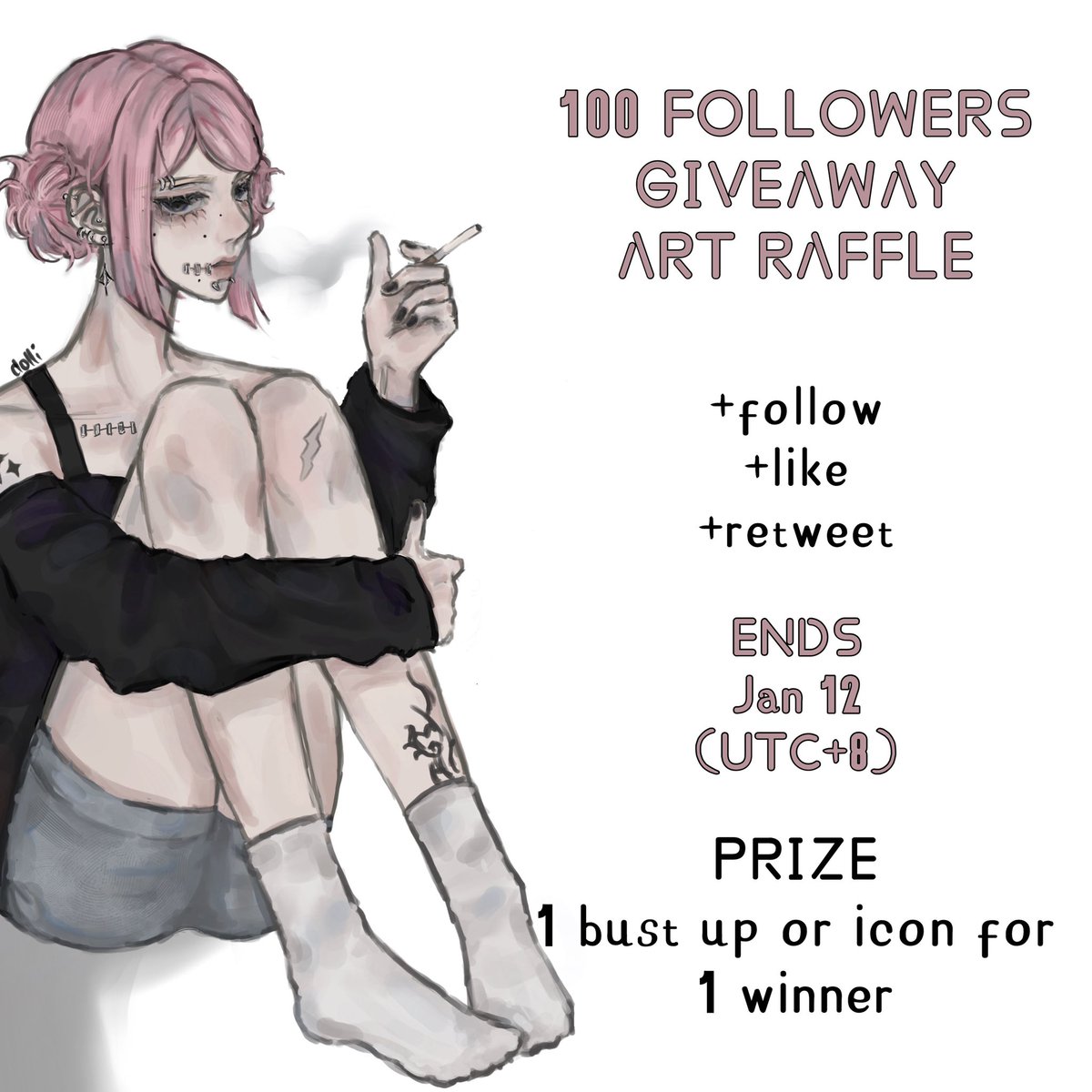 🎆100 followers #artraffle 

Rules
-like follow and retweet
-post your oc/character in the comments (optional)
-ends jan 12 (UTC+8)

Thank you so much for 100+ followers and good luck! 💕