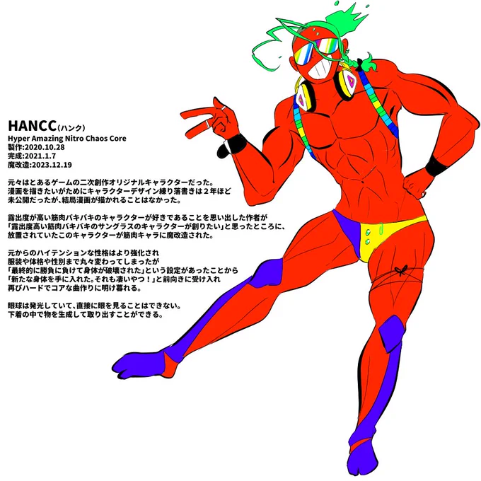 #batekkaの創作 サンプルズ
サングラス筋肉が欲しいがために放置してたキャラを改造した。HANCC

デザイン練りしてたかつての落書き https://t.co/sXXaCiMa1J 