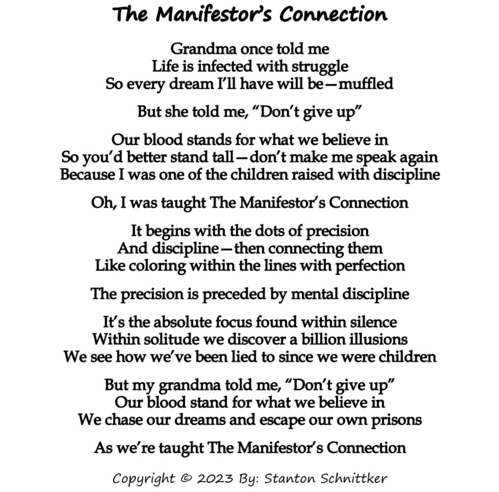 The Manifestor’s Connection
Daily Post #551

-

#manifesting #connection #dreams #DREAMERS #art #artist #writer #writing #poetry #poets #poet #poem #poems #fyp #fypviral #fypシ #foryoupage #foryou #foryourpage #discipline #DisciplineIsKey #PoemADay #poetrycommunity #poetrylovers