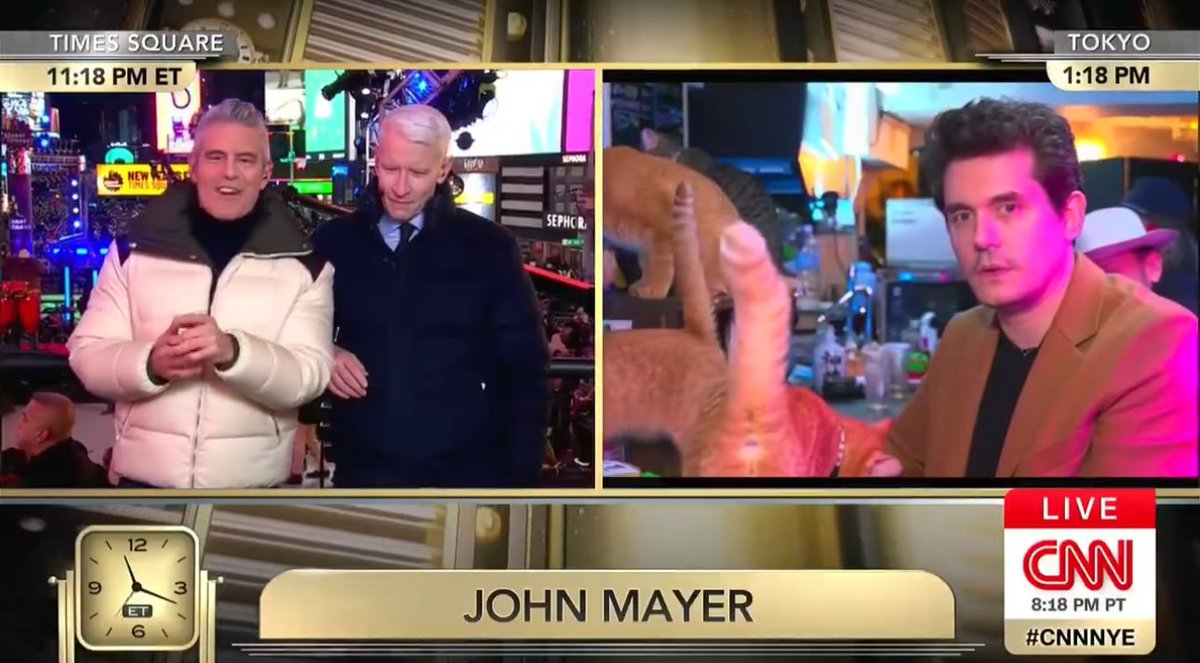 MikeBeauvais's tweet photo. CNN is cool because for 364 days a year, they’re like “We are at an inflection point for the direction of the world we live in” and then on New Year’s Eve, they’re like “Here’s John Mayer and a cat’s literal asshole with drunk Andy Cohen and Anderson Cooper.” https://t.co/ueBTwfTuna
