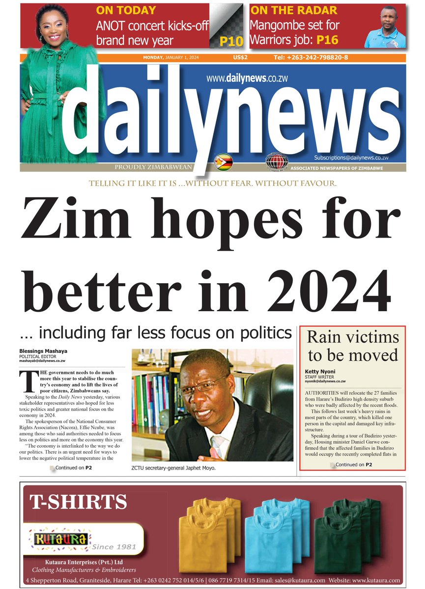 TODAY'S FRONT PAGE: JANUARY 1, 2024 #dailynewszim #news #zimbabwe #zimnews #monday