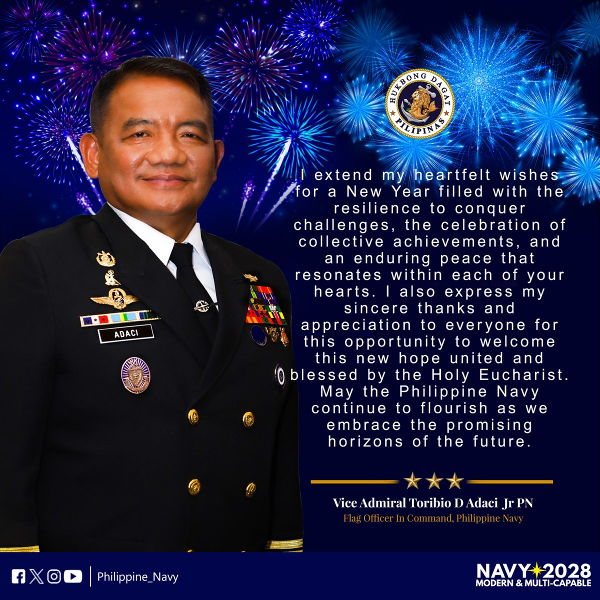 Philippine_Navy's tweet photo. READ | The Flag Officer In Command of the PH #Navy, Vice Admiral Toribio Adaci Jr, greets all hands in this New Year's Message
Full ➡️ https://t.co/icGRlf6C6h
#NewYear2024
#ProtectingtheSeasSecuringOurFuture
#ModernMultiCapablePHNavy
#AFPyoucanTRUST https://t.co/3tctFEIdbl