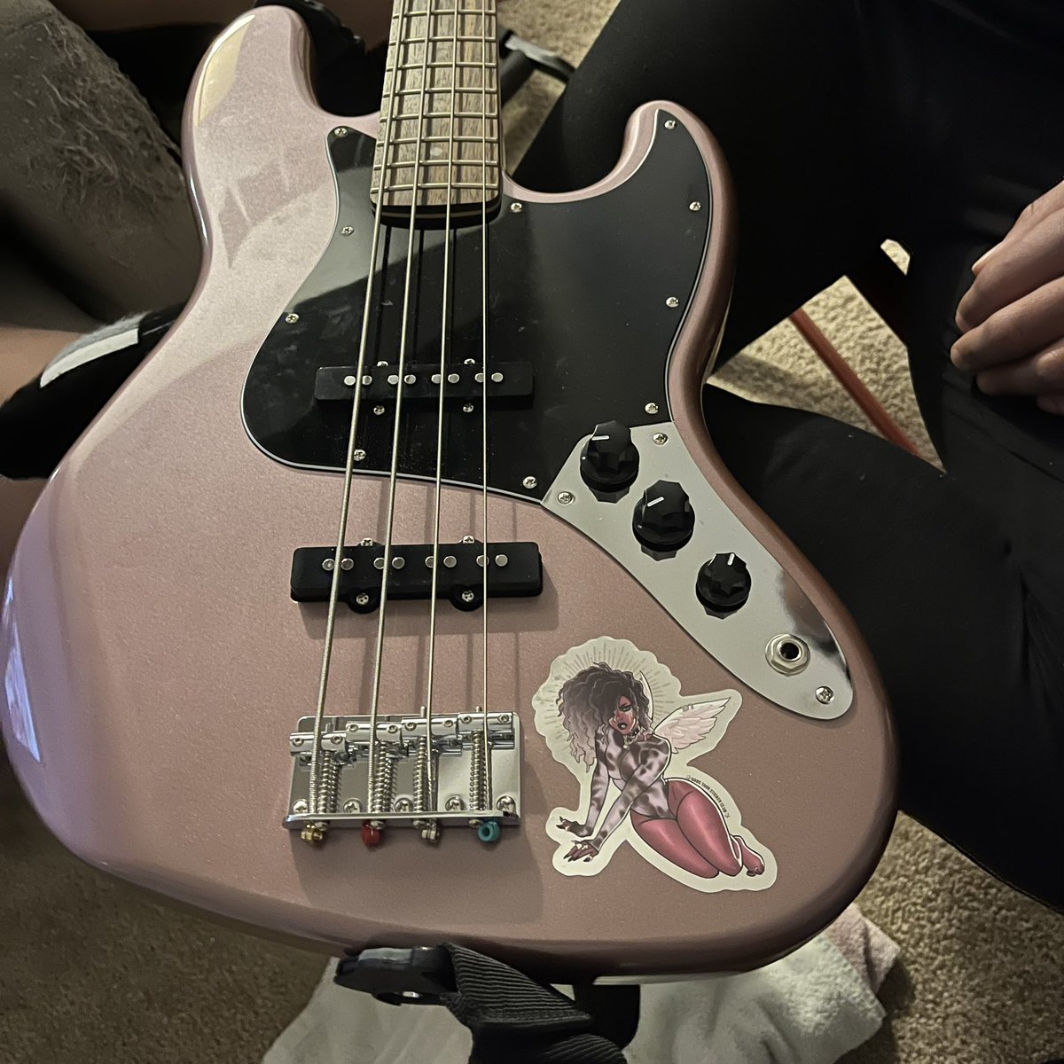 Spending NYE with my bestie. He got his gf a bass for Christmas and she added a sticker I gave em from @babsdraws