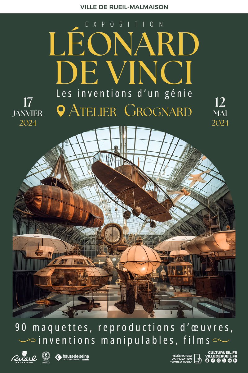 villederueil's tweet photo. 📍À partir du 17 janvier, partez à la découverte des inventions de Léonard De Vinci à l’Atelier Grognard.
Pour la première exposition de l'année, explorez tout le génie et le travail de cet artiste de la Renaissance avec plus de 90 maquettes et objets exposés. https://t.co/izATSEwLVc