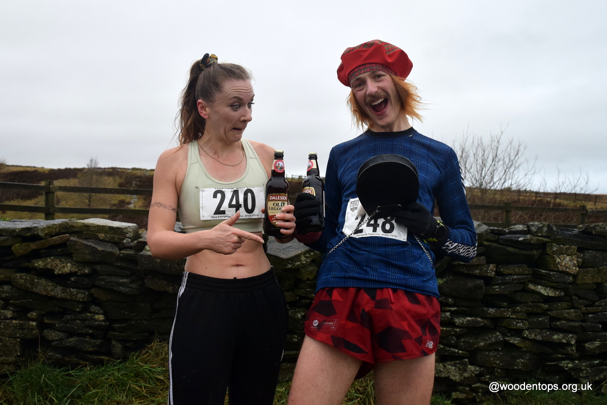 'Ooh I say, Ding Dong' Charlotte Jackson & George Kettlewell Calder Valley Fell Runners having fun at the Auld Lang Syne, Charlotte finished 5th woman & George 41st man @cvfr_feed @Fellrunninbrief @DalesideBrewery