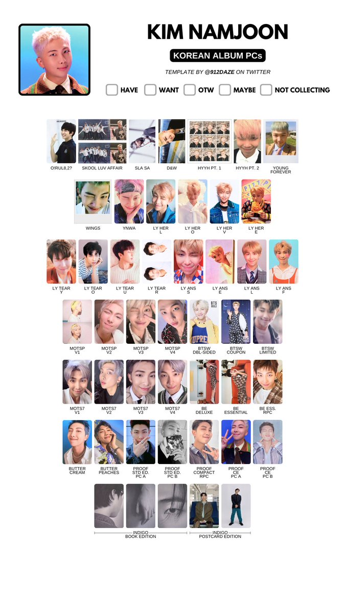 912daze's tweet photo. BTS KOREAN ALBUM PCs PHOTOCARD WISHLIST TEMPLATES ✨

⭐️ Korean & Solo Album PCs Only

This a very stripped down version of my usual KR album templates! It is solely for PHOTOCARDS you can pull in albums. No POBs, no LDs, no postcards, no first press cards etc. 

✅ Individual Members
✅ Group Cards

🔗 HD files: 
https://t.co/huTGI5xRsq

🤍 ��탄 포카 모음집 드볼표
🤍 防彈少年團 小卡 合集
🤍 バンタン トレカ 一覧表