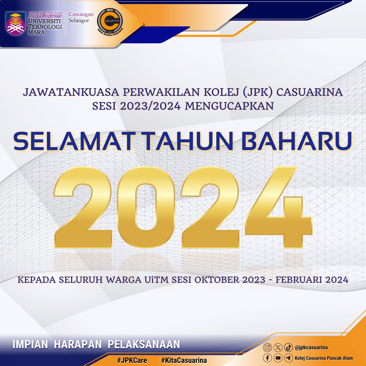 🎊 SELAMAT MENYAMBUT TAHUN BARU 2024 KEPADA SELURUH WARGA CASUARINA 🎊

“The secret of change is to focus all of your energy, not on fighting the old, but on building the new.” —Socrates

#JPKCare
#KitaCasuarina