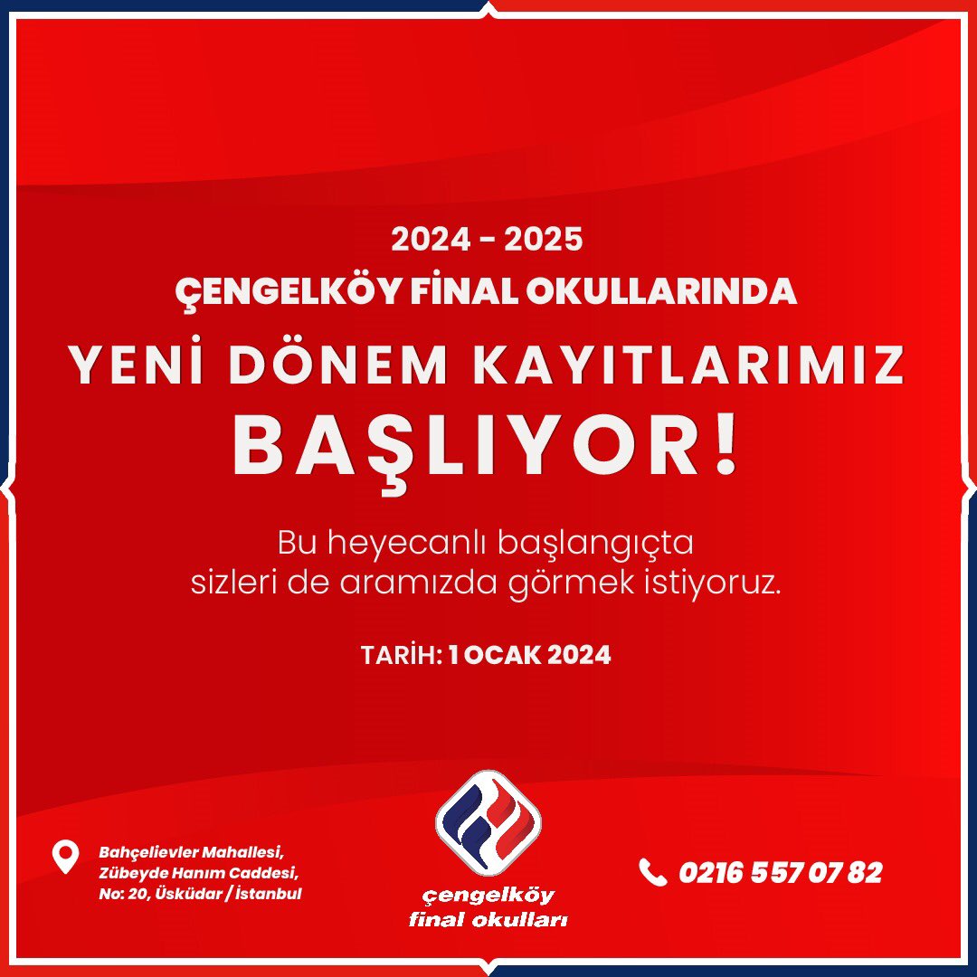 🔴 Çengelköy Final Okullarında 2024-2025 Yeni Dönem Kayıtlarımız Başlıyor!

👉🏻 Tarih: 1 Ocak 2024

👉🏻 6-7 Ocak 2024 Cumartesi - Pazar

☎️ 0216 557 07 82

📌 Bahçelievler Mahallesi, Zübeyde Hanım Caddesi, No: 20, Üsküdar / İstanbul
•
#ÇengelköyFinalOkulları
#FinalOkulları