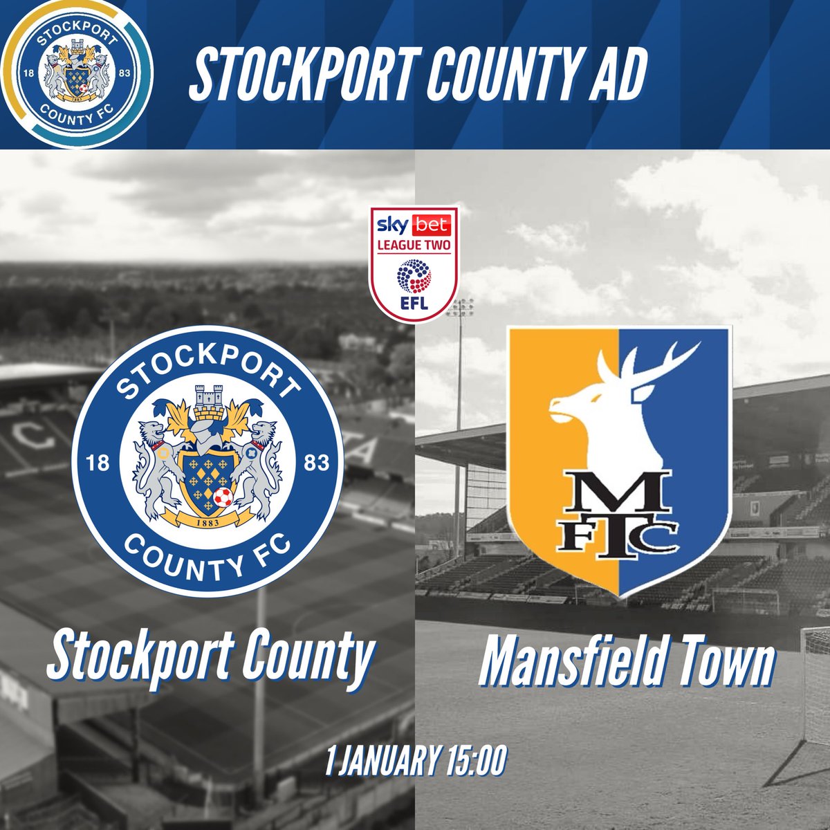 🎉Happy new year everyone from the @StockportCounty Audio Description team! 🎧We are back today with our first game of 2024- @StockportCounty vs @mansfieldtownfc! 🎙️Coverage starts from 14:15, with our first team of the new year being Josh Moore and Ian Waterhouse!