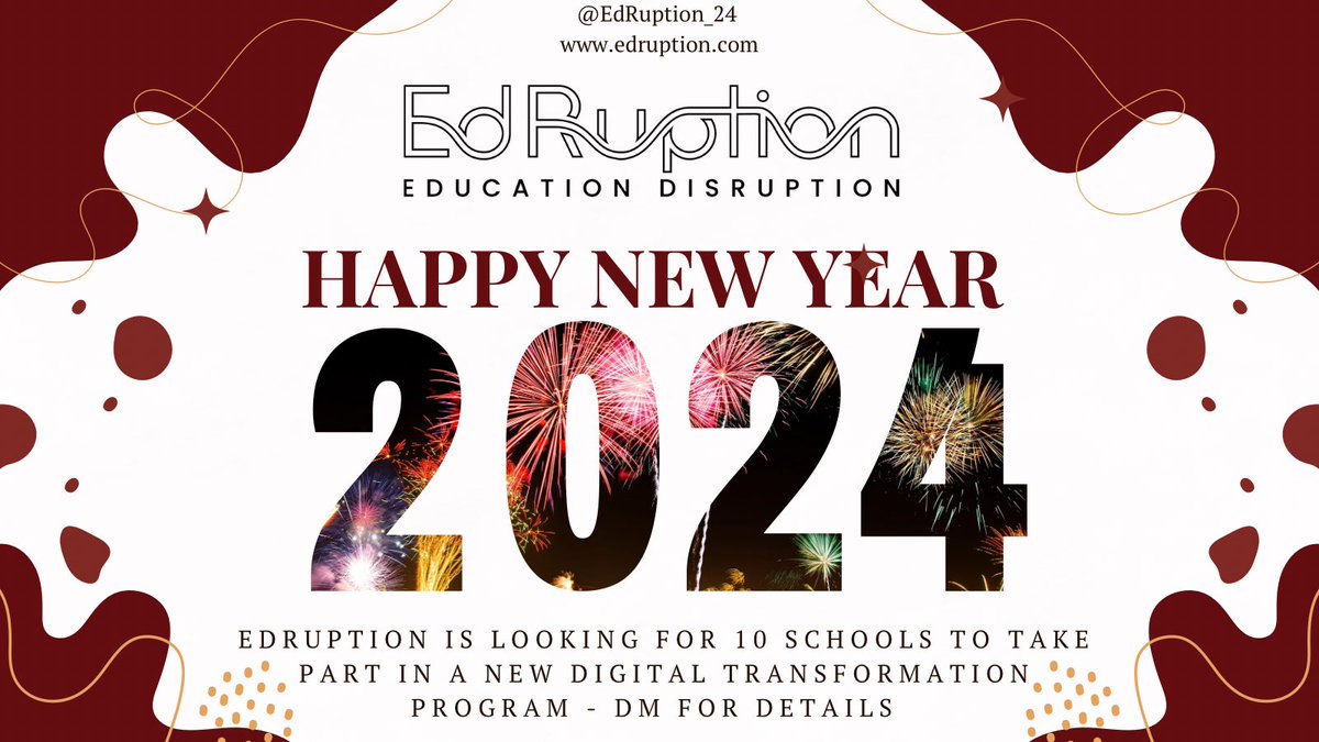 EdRuption_24's tweet photo. Happy New Year from #EdRuption 
We’re excited to announce we are looking for 10 schools across the EMEA region to take part in a digital transformation program! 
DM for details  
#TheDigitalEcosystem #DigitalSchools #Transformation #GrowImproveAdapt 
#EdTech #PedTech #Sustainable https://t.co/wlUgNlLY9N