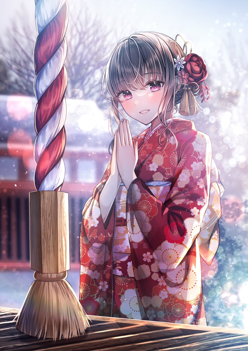 1girl japanese clothes solo kimono hair ornament own hands together smile  illustration images