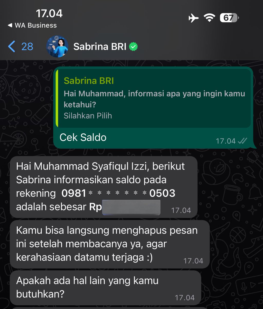 muhammsya48's tweet photo. #FyiFreen cek saldo mudah banget tinggal chat wa sabrina @BANKBRI_ID aja! Fix sih emg pake BRI tuh mudah banget🐥 https://t.co/FzRq5PwfkO
