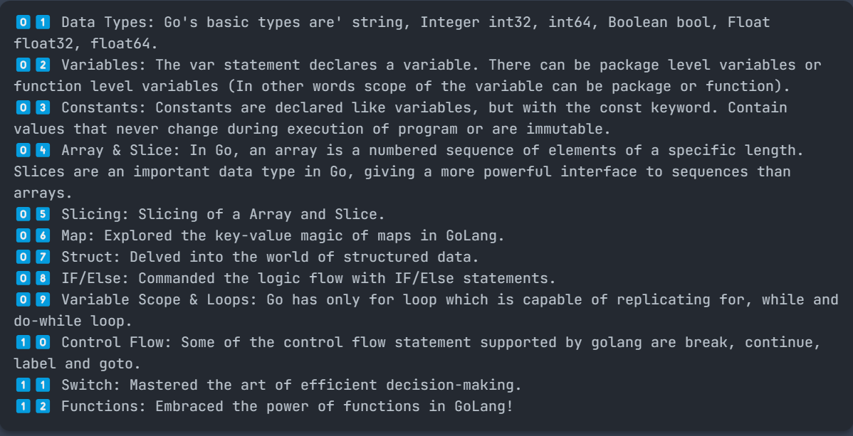 Dhairya0o7's tweet image. 🚀 My #GoLangLearning summary of last week
🔗 Check out my journey diving into #Golang:
github.com/dhairya-rathod…
#Go #GoLang #CodingJourney #TechLearning