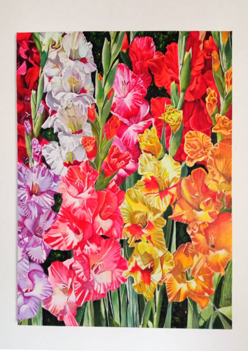 Acrylic on linen canvas. 58x80 cm. Gladioli. Happy New Year!#AcrylicPainting #LinenCanvasArt #Gladioli #FloralArt #WhiteYellowOrangeRedLavender #SunlitGarden #ArtisticCreation #NewYearGreetings