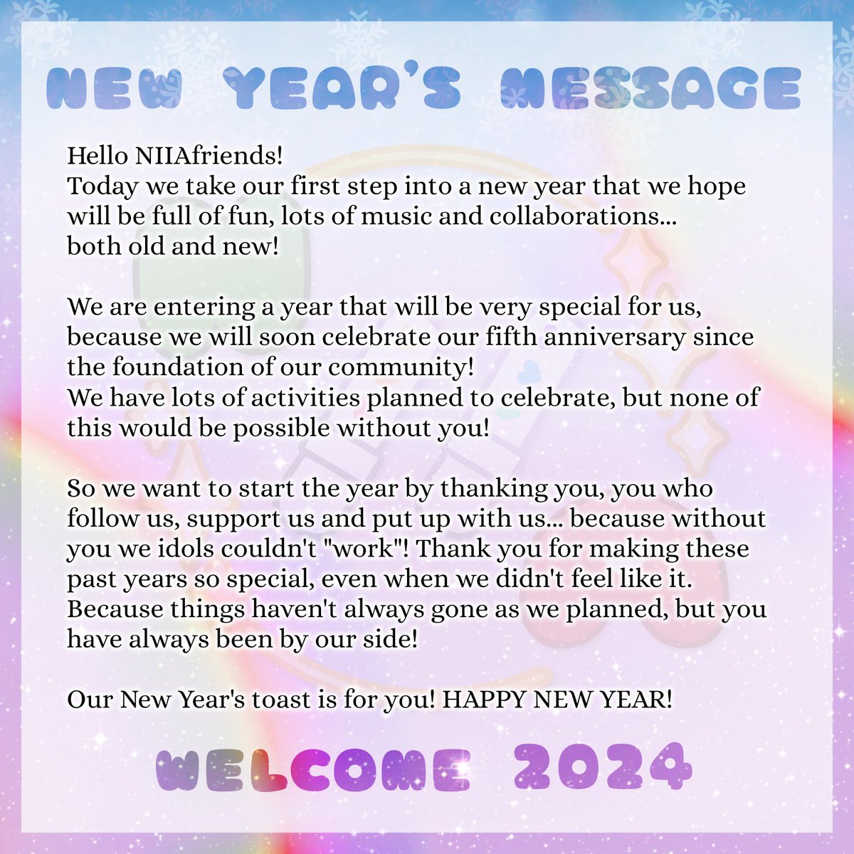 NIIA_idols's tweet photo. 🇮🇹 >> 🇬🇧

Non vediamo l'ora di scoprire cosa ci aspetta in questo nuovo anno! GRAZIE NIIAMICI! #HappyNIIAYear! 💖🌈🎶✨

#newyearsmessage #newyear #annonuovo #happynewyear #buonanno #NIIAidols #kaigaiidols #italianidols #idolitaliani #idolitaliane #idolitalia https://t.co/mFiZoCyV1h