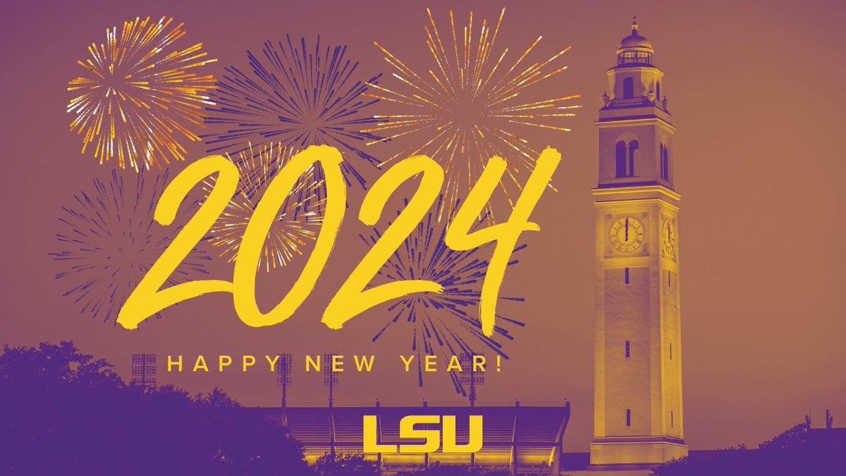 LSU's tweet photo. Happy New Year, Tigers! Here's to 2024 💜 💛 🎉 https://t.co/yD7Scc7Fot