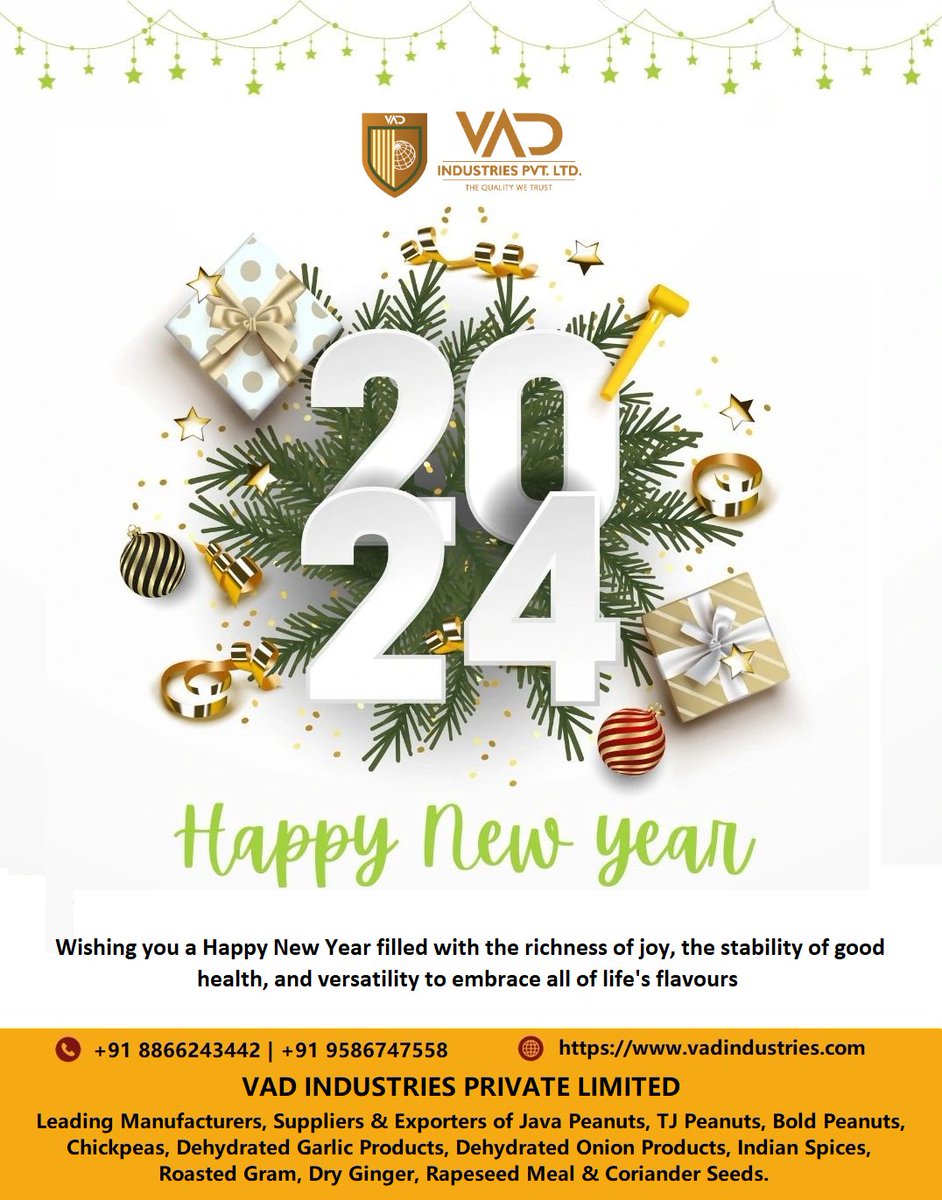 vad_industries's tweet photo. Welcoming 2024 with hope, dreams, and endless possibilities. Let the journey unfold! Wish you a Happy New year!🎉

#Welcome2024 #HappyNewYear2024 #NewYear2024 #NewBeginnings #NewYearWishes #Newyearcelibration #HappyNewYear #Oilseeds #JavaPeanuts #TJPeanuts #BoldPeanuts https://t.co/cBmx0G6zis