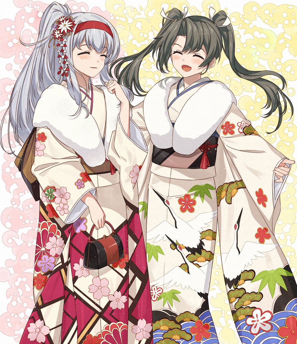 shoukaku (kancolle) ,zuikaku (kancolle) multiple girls 2girls japanese clothes long hair closed eyes kimono twintails  illustration images
