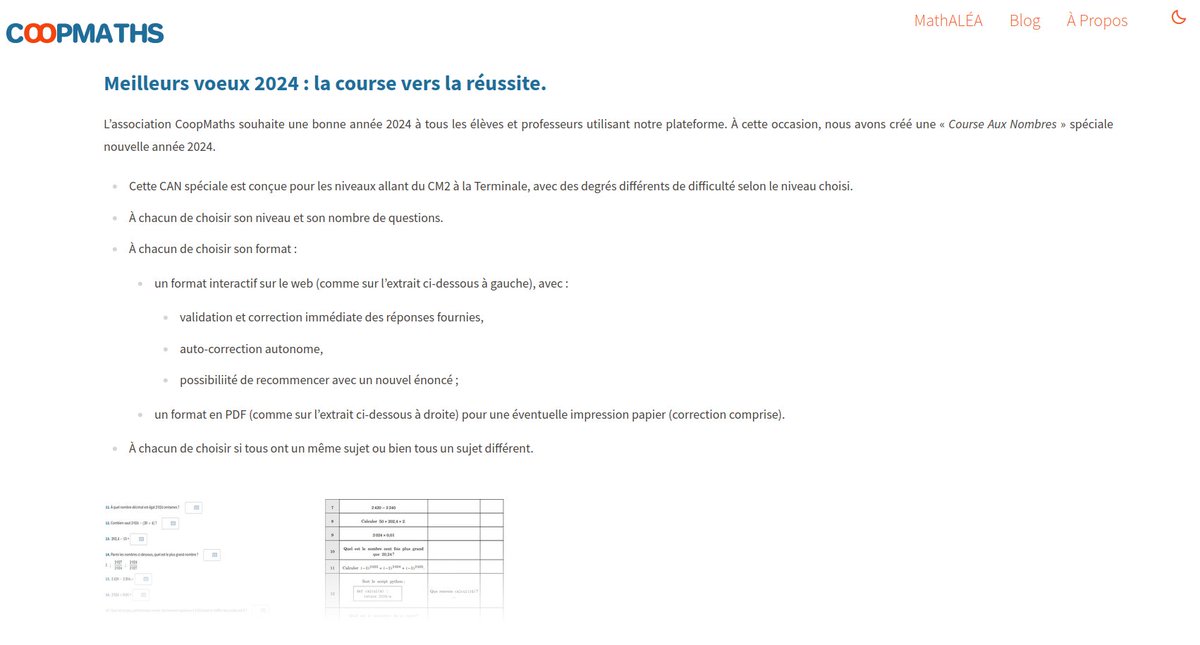 ElterEric's tweet image. @CoopMaths_fr vous souhaite une excellente année 2024. À cette occasion, le collectif a concocté une Course Aux Nombres Spéciale. Du cycle 3 au lycée, chacun devrait y trouver son compte en choisissant toute sorte de paramètres. Des infos sur coopmaths.fr/www/blog/. #HNY2024