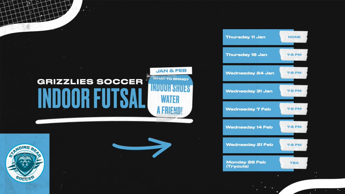 LSBboyssoccer's tweet photo. Happy New Year, Grizzlies Soccer!!

Mark your calendars - January &amp; February indoor futsal nights @ Standing Bear High School! All dates &amp; times will be 7 PM - 8 PM. Enter @ Door 18!

Note: There will be no indoor on Thu 11 Jan due to 8th grade orientation night! #FutureGrizzlies https://t.co/pTP1O0IGZ5