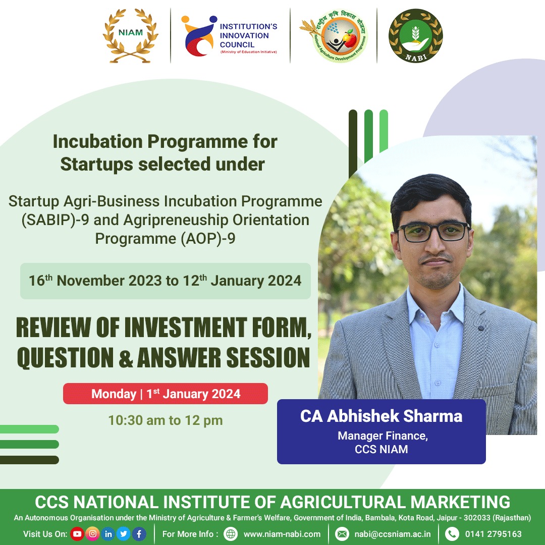 iefccsniam's tweet photo. Worksop on "Review of Investment Form & Question Answer Session" by CA Abhishek Sharma, Manager Finance, CCS NIAM on 1st January 2024, 10:30 am to 12 pm.
https://t.co/pLLcndeGDr
#Lecture #Lecturesession #Session #investment
#rkvyraftaar #Agristartup #CCSNIAM #NIAM #NABI https://t.co/mx6vXBuqQN