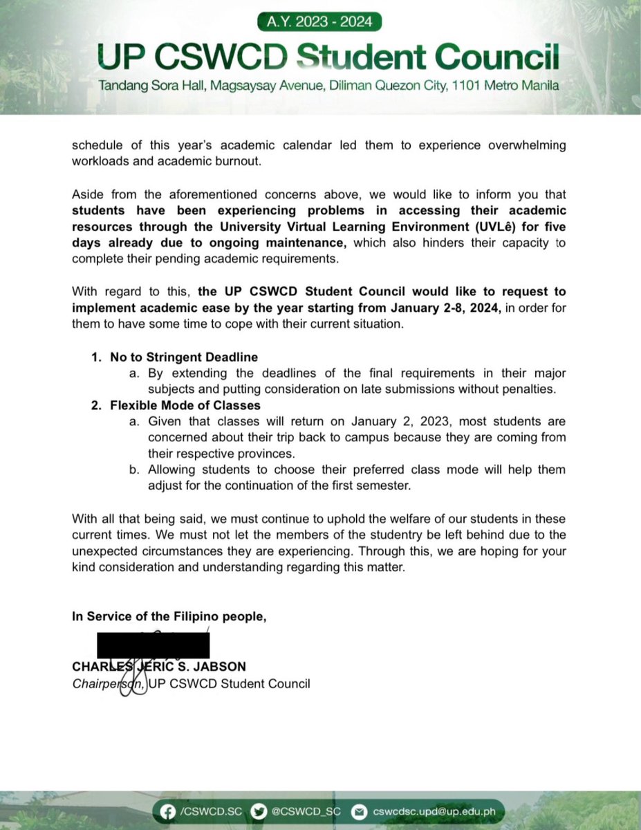 The UP CSWCD Student Council sent a request letter to the Office of the Dean and Office of the College Secretary regarding the implementation of academic ease in the CSWCD starting from January 2-8, 2024. 

#AcadEaseNow 
#NoStudentLeftBehind