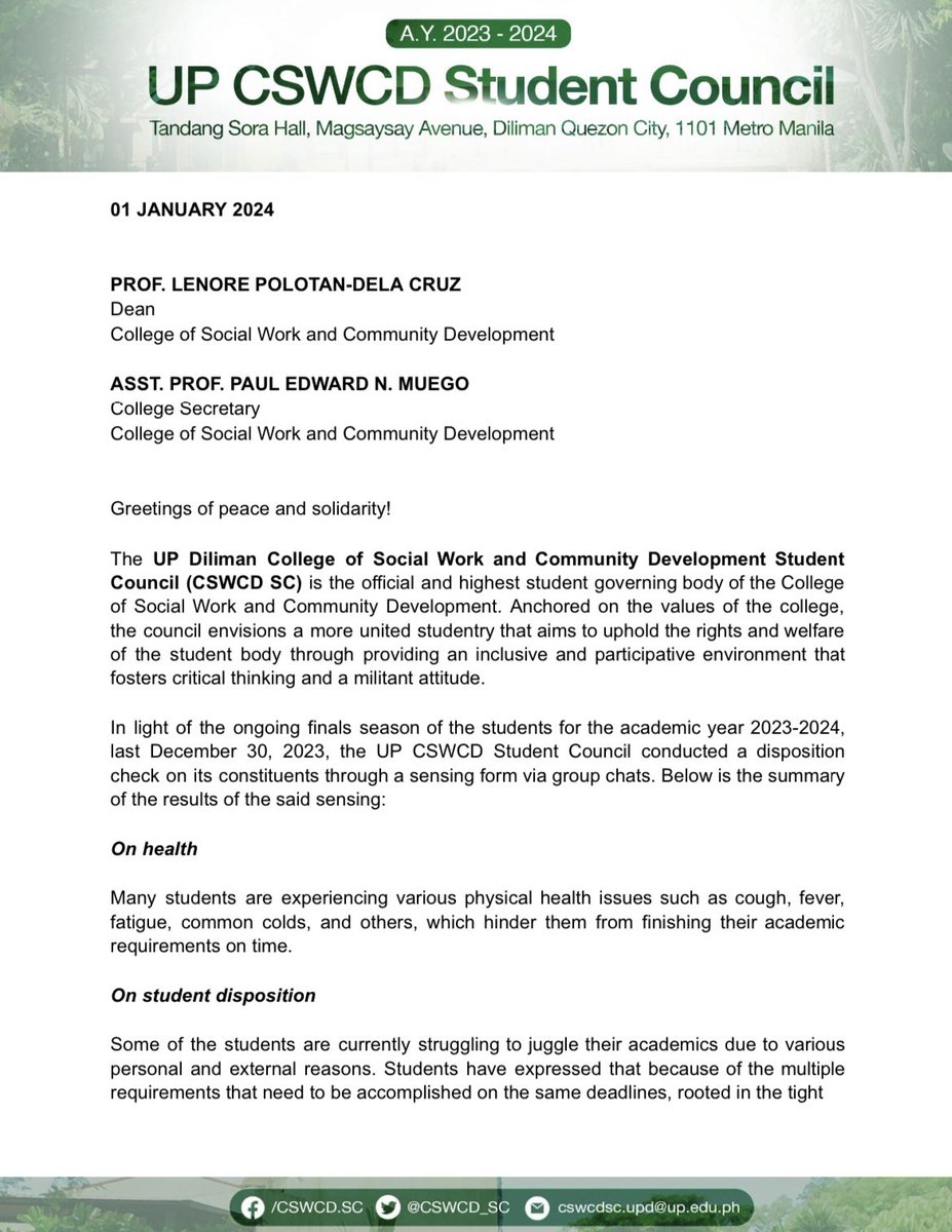 UPCSWCD_SC's tweet photo. The UP CSWCD Student Council sent a request letter to the Office of the Dean and Office of the College Secretary regarding the implementation of academic ease in the CSWCD starting from January 2-8, 2024. 

#AcadEaseNow 
#NoStudentLeftBehind https://t.co/JFfwsDU8KQ