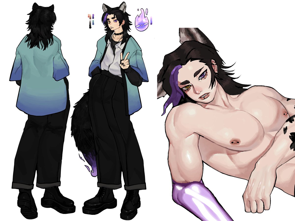 brokunaroni's tweet photo. Carpe Noctem, underpups. Name's Brokun, your resident sleepy wolf psychopomp. Pleased to be your memento mori. Here to light up your life and guide you along the way.
 
Original design by @nekkotino and alternate outfit by @_krevett 
(i am so sorry for the topless half body LOL) https://t.co/RC476jro6x