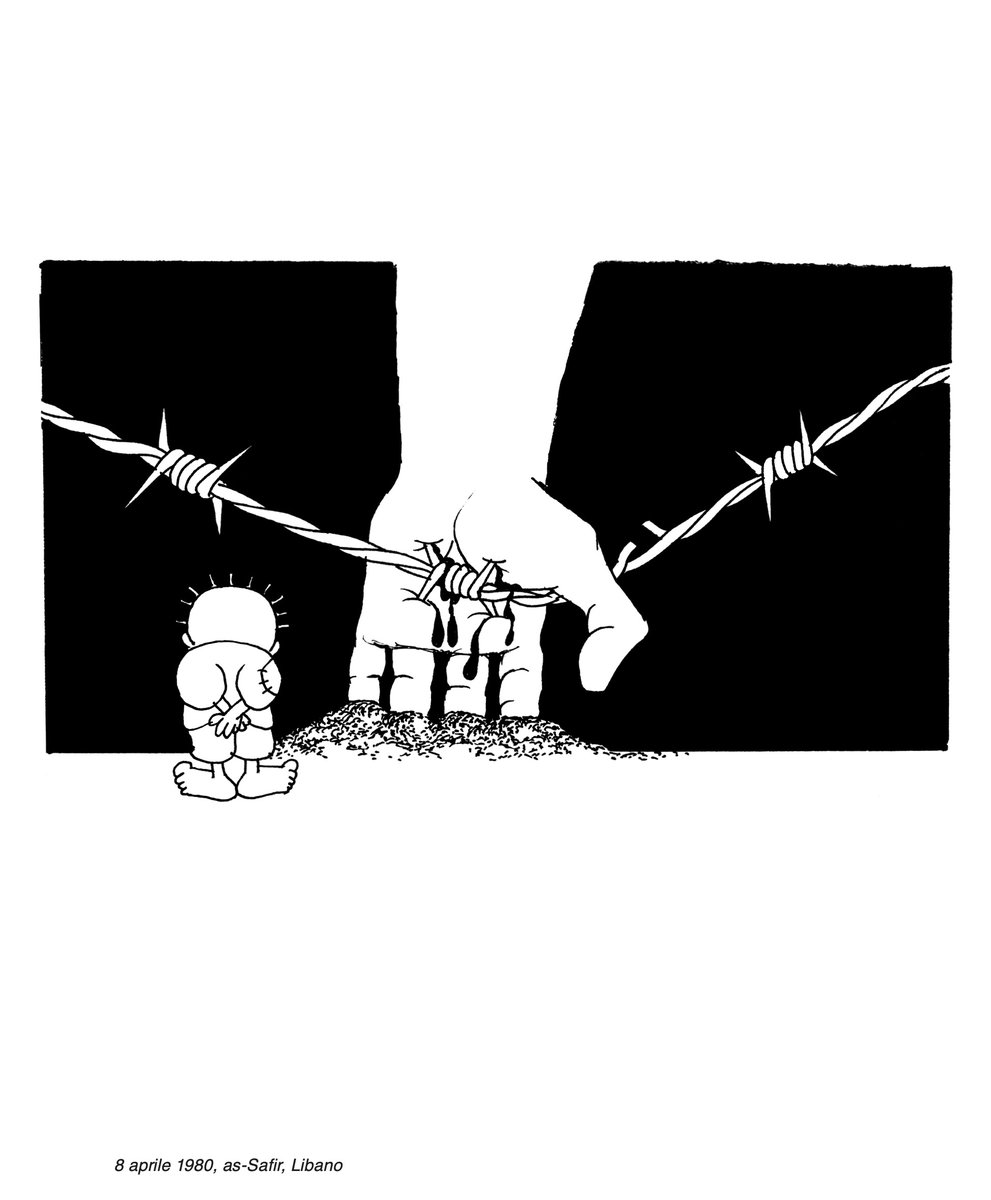 Handala is the character of Najee Al Ali, a satirical cartoonist born in Palestine in 1938. His single-frame cartoons always depict a boy with his back turned, staring intently at the tragedies of the world. Naji drew more than 40,000 (!) caricatures in his lifetime. He was