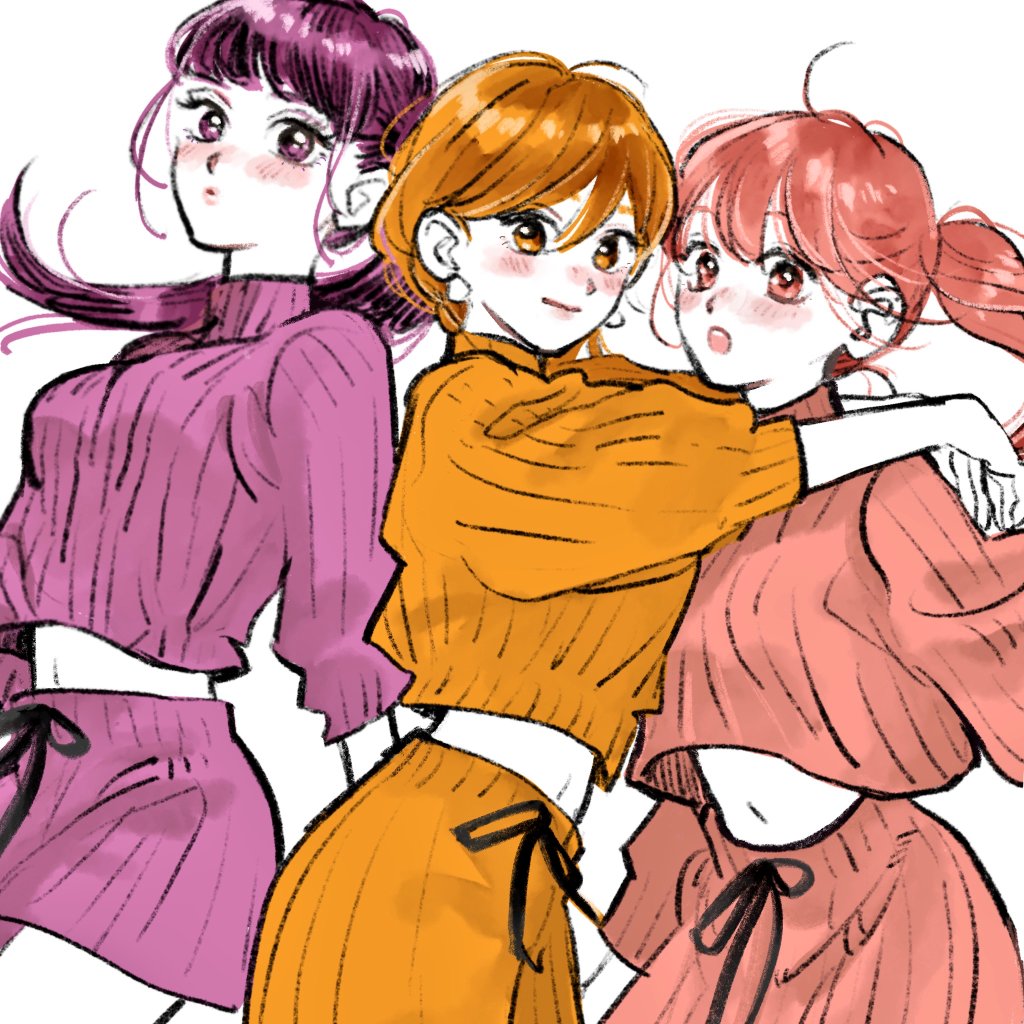 multiple girls 3girls skirt ponytail pink hair purple hair blush  illustration images